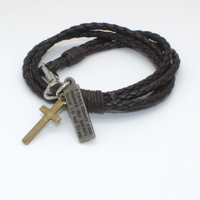 Cross Leather Bracelet With Bible Verse