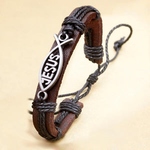 Jesus Fish Leather Bracelet
